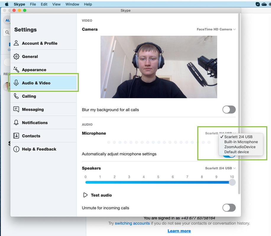 Select your audio iterface and channel source through your skype preferences.