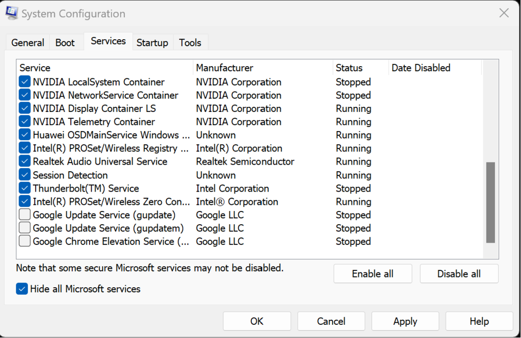 System configuration screenshot