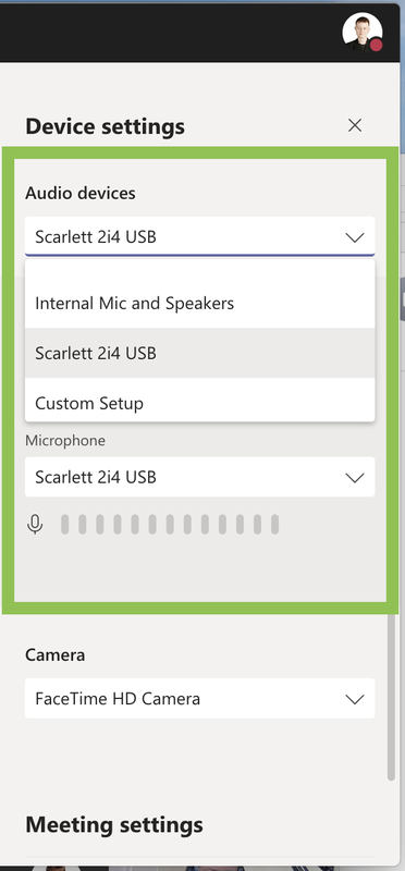 The device settings will pop up n the sidebar of your call, select your interface there.