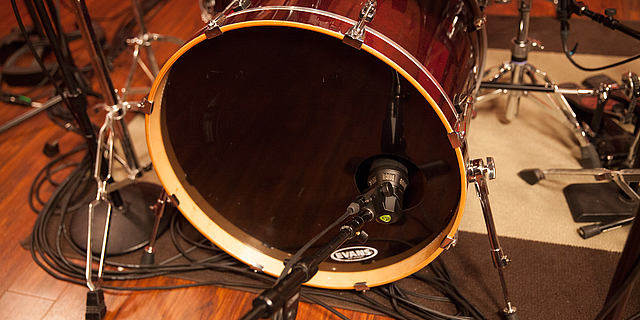 This image shows the DTP 640 REX dual element kick-drum microphone on a kick drum