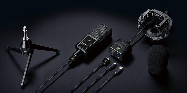 This image shows the DGT 650 USB microphone and interface on black background