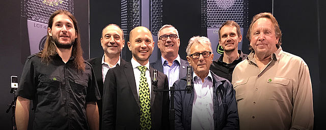 Pictured (L-R) are Moritz Lochner, LEWITT Head of Product Management; Jim Pace METAlliance Executive Director; Roman Perschon, LEWITT Founder & CEO; Mike Van Der Logt, LEWITT Head of Sales; Al Schmitt, METAlliance Co-founder; Matthias Pleyer, LEWITT Head of Marketing; and Ed Cherney, METAlliance Co-founder. Photo by David Goggin.