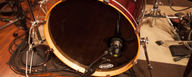 This image shows the DTP 640 REX dual element kick-drum microphone on a kick drum